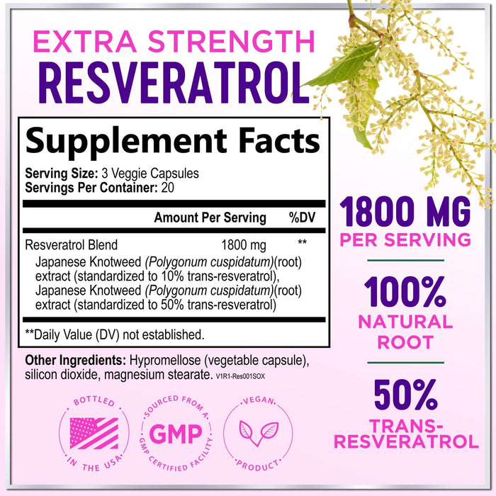 Resveratrol Supplement 1800mg - Trans-Resveratrol Antioxidant Complex - 60 Vegan Capsules