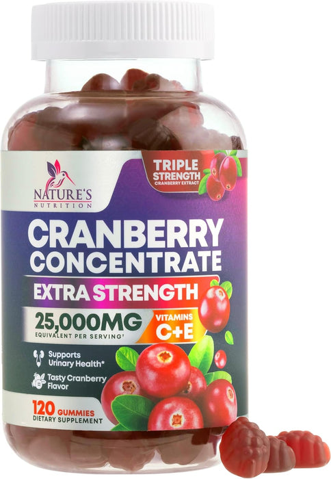 Nature's Nutrition Cranberry Urinary Tract Health Gummies + Vitamin C - 25,000mg - Triple Strength Cranberry Concentrate Extract Supplement Pills, Ultimate Potency, Non-GMO, Gluten Free