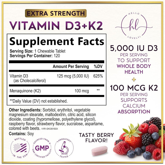Vitamin D3 K2 - 5000 iu Vitamin D3 Per Serving Vitamin K2 (MK-7) Complex for Immune Support - Natural Bone, Teeth & Muscle Health Support - Berry Chewable, Gluten Free, Bottled in USA - 120 Tablets