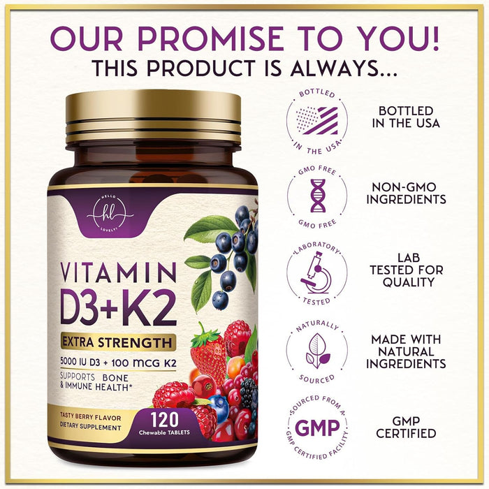 Vitamin D3 K2 - 5000 iu Vitamin D3 Per Serving Vitamin K2 (MK-7) Complex for Immune Support - Natural Bone, Teeth & Muscle Health Support - Berry Chewable, Gluten Free, Bottled in USA - 120 Tablets