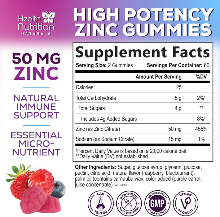 Zinc Gummies 50mg, Max Strength Immune Support for Adults, Zinc Supplement Gummy for Beautiful Skin & Immune Health Support, Nature’s Antioxidant Zinc Supplements, Vegan, Non-GMO - 60 Gummies