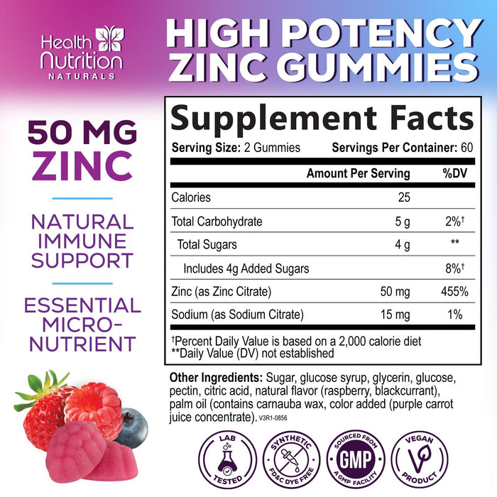 Zinc Supplement 50mg Gummies for Adults - Max Strength Skin Health & Immune Support Gummy, Vegan, Non-GMO & Gluten Free, Natureâ€™s Antioxidant & Bone Health Chewable Tasty Berry Flavor - 120 Gummies