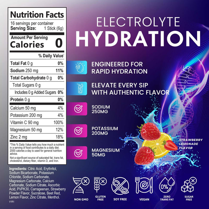 Hydration Electrolyte Packets - Daily Liquid Replenisher Powder - Electrolyte Multiplier with Minerals, Potassium & Real Salt - Vegan, Non-GMO - Tasty Lemon Flavor Hydration Electrolytes - 16 Servings
