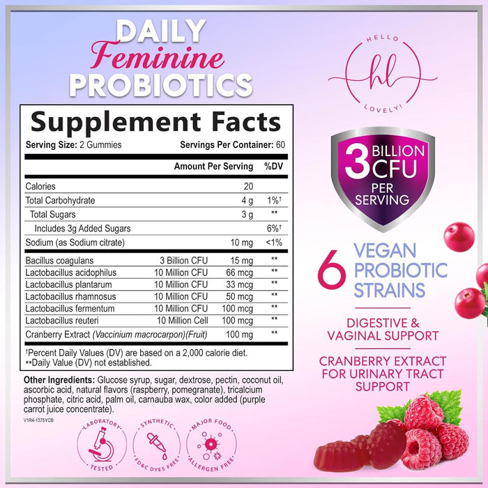 Probiotics for Women Gummies with Cranberry - 6 Premium Strains for PH Balance, Digestive Health, Vaginal & Immune Support, 3 Billion CFU, Women's Probiotic Gummy for Feminine Health - 120 Gummies