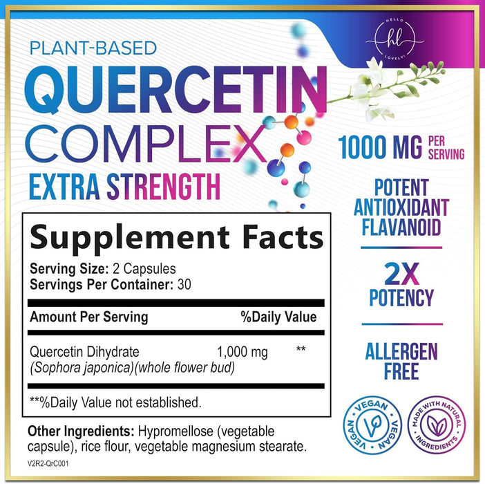 Quercetin Supplement - 500 mg Quercetin Capsules for Heart Health & Immune Support, Extra Strength Quercetin 1000mg Serving, Antioxidant & Respiratory Health, Gluten Free, Non-GMO