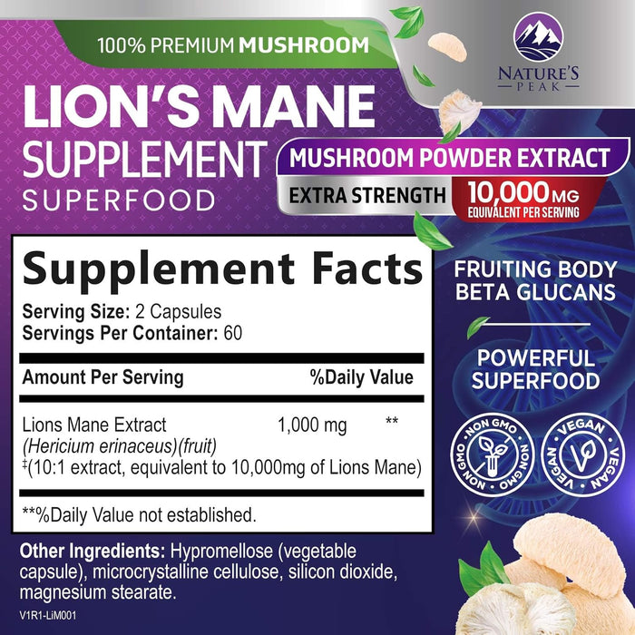 Lions Mane Supplement Mushroom Capsules 10,000mg, Lions Mane Mushroom Supplement Capsules for Memory and Focus Support, Brain, Immune Health Support, Non-GMO Lion’s Mane Powder Extract