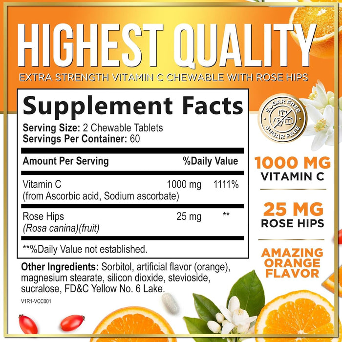 Hello Lovely! Extra Strength Vitamin C 1000 mg, with Rose HIPS Bioflavonoids, Dietary Supplement for Immune Support & Antioxidant Protection, Sugar Free, Non-GMO VIT C Capsules