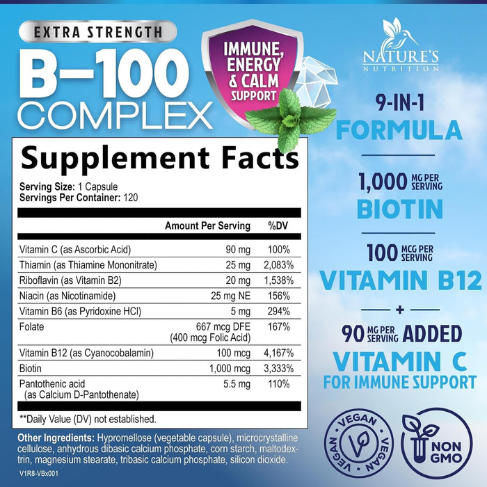 B Complex Vitamins Capsules with Vitamin B6 B12 B100 C Biotin Folate & Folic Acid – 120 Capsules