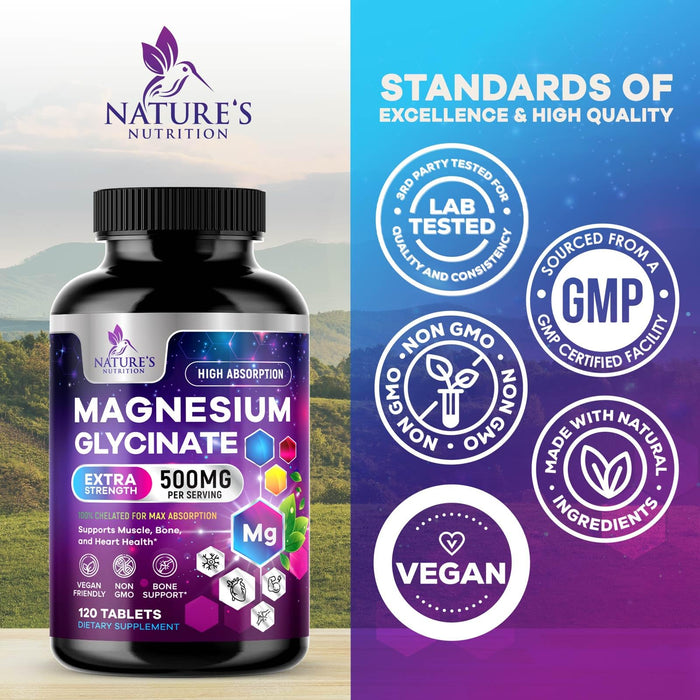 Magnesium Glycinate 500mg - Chelated for Ultra Absorption - Supports Bone, Muscle, Nerves & Heart Health, Nature's Sleep Support, Best Magnesium Supplement Pills for Whole Body Support - 120 Tablets