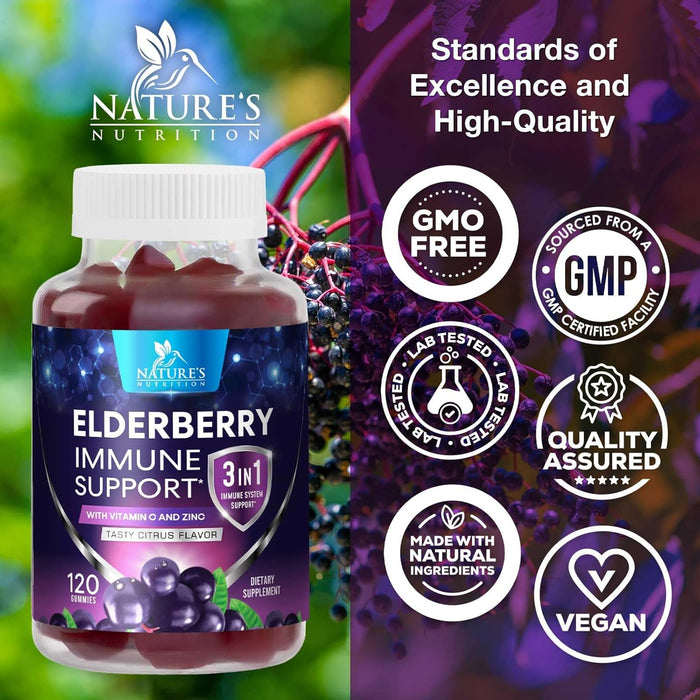 Nature's Sambucus Elderberry Gummies Immune Gummies with Vitamin C and Zinc, Immune Support Gummy Vitamin Supplement, Black Elderberry for Adults & Kids - Gluten Free Non-GMO