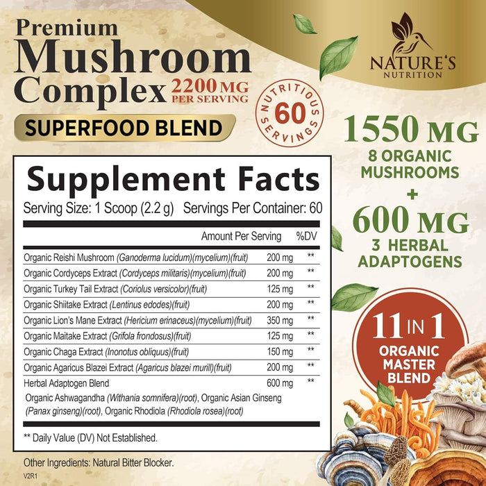 Organic Mushroom Supplement Powder - 11 in 1 Complex Nootropic & Adaptogens Blend, Mushroom Powder, Lions Mane, Cordyceps, Reishi, Chaga, Turkey Tail, Shiitake, Maitake Mushrooms & More - 60 Servings