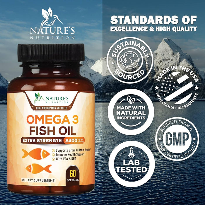 Omega 3 Fish Oil Supplement - Triple Strength Omega 3 Fish Oil Supplement with EPA & DHA - 1440 mg Omega-3 - Natural Support for Heart & Brain Health - Non-GMO, Lemon Flavor