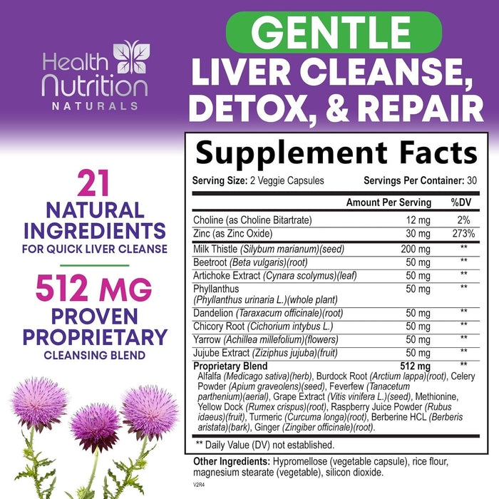 Gentle Liver Cleanse Detox & Repair Formula - Herbal Liver Support Supplement: Milk Thistle with Silymarin, Artichoke Extract, Dandelion, Beet, Chicory Root, & Turmeric for Liver Health