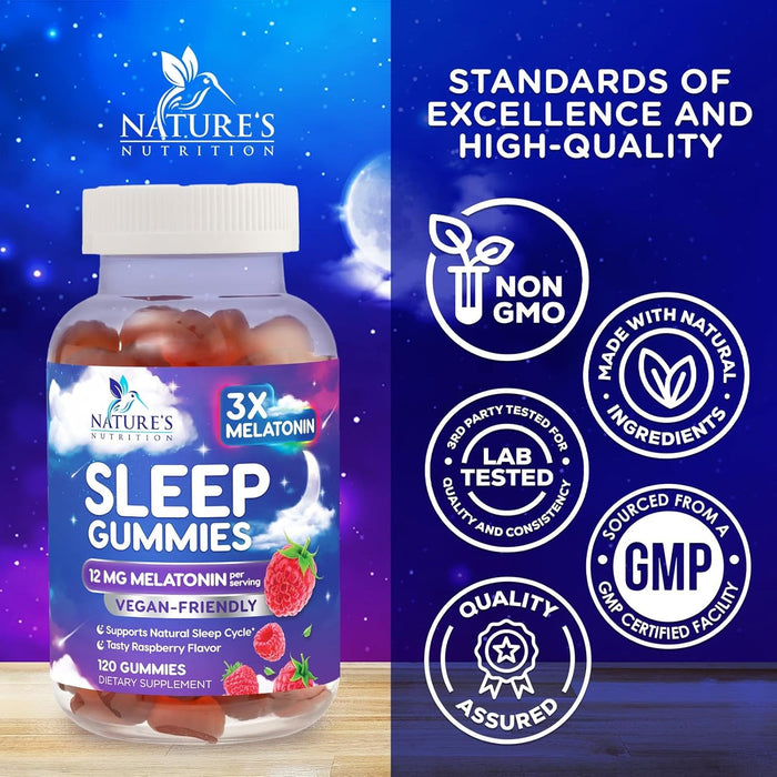 Melatonin Sleep Gummies - Extra Strength Sleep Gummy, 12 mg Melatonin, Natural Melatonin Gummy Sleeping Support Dietary Supplement for Adults, Vegan, Non-GMO, Natural Berry Flavor