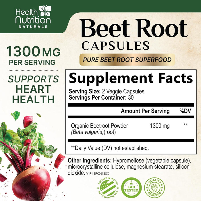 Beet Root Capsules 1300mg - Organic Extra Strength Red Beetroot Powder Supplement – Supports Nitric Oxide Production, Heart Health & Athletic Performance, Pure Beetroot Superfood – 60 Vegan Capsules