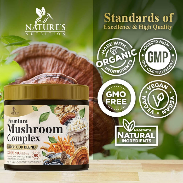 Organic Mushroom Supplement Powder - 11 in 1 Complex Nootropic & Adaptogens Blend, Mushroom Powder, Lions Mane, Cordyceps, Reishi, Chaga, Turkey Tail, Shiitake, Maitake Mushrooms & More - 60 Servings