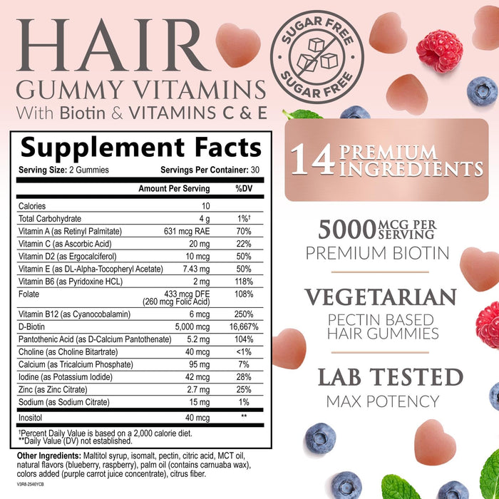 Sugar Free Hair Vitamins Gummies with Biotin 5000 mcg – 60 Gummies