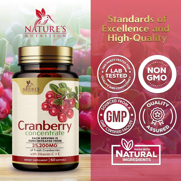 Cranberry Pills Supplement for Women & Men + Vitamin C & E - 25,200mg Formula for Urinary Tract Health Support, Non-GMO and Gluten Free, Nature's Cranberry Supplements