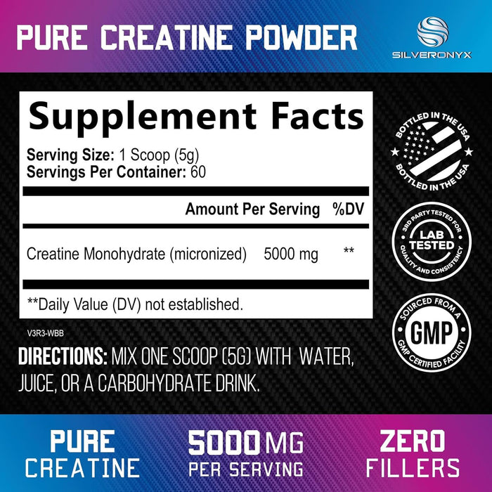 Creatine Monohydrate Powder 5000mg - Pure Micronized Creatine Mono Nutritional Supplement - Pre Workout for Energy & Muscle Support, Unflavored Monohydrate Powder, Bottled in USA - 60 Servings