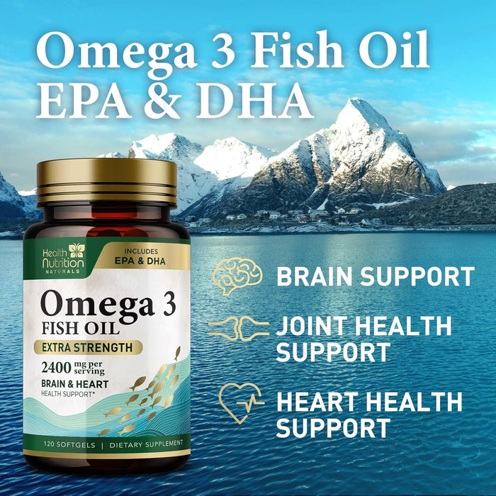 Omega 3 Fish Oil Triple Strength 1200 mg, Omega-3 Supplements, Natural Brain Heart Health & Immune Support - Fatty Acids with EPA & DHA - Wild Caught Purified Fish Oil Supplement - 120 Softgels