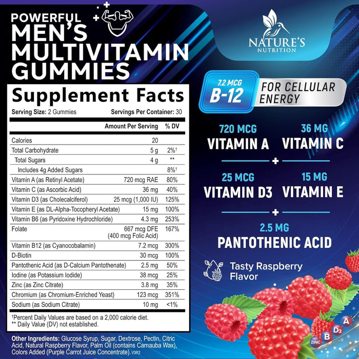 Nature's Multivitamin for Men Gummies - Berry Flavored Mens Multivitamins Daily Supplement with Vitamins A, C, D, E, B6, B12, & Zinc - Gummy Vitamin for Energy & Immune Health Support - 60 Gummies