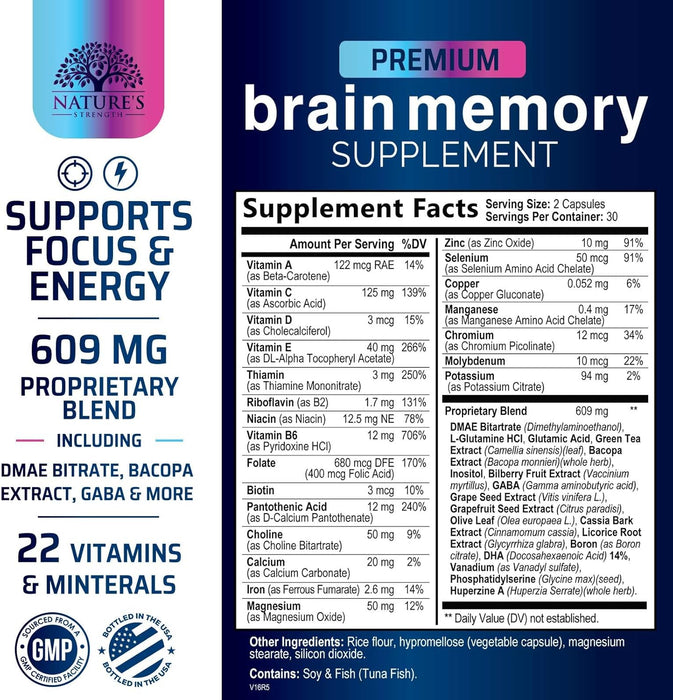 Nootropic Brain Supplements Focus Memory Supplement Pills - Mental Support & Concentration - Brain Health & Energy with B Vitamins, Phosphatidylserine, Nature's Vitamins for Men & Women - 60 Capsules