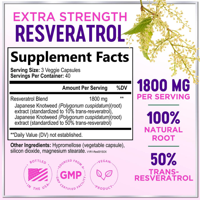 Resveratrol Supplement 1800mg - Trans-Resveratrol Antioxidant Complex - 120 Vegan Capsules
