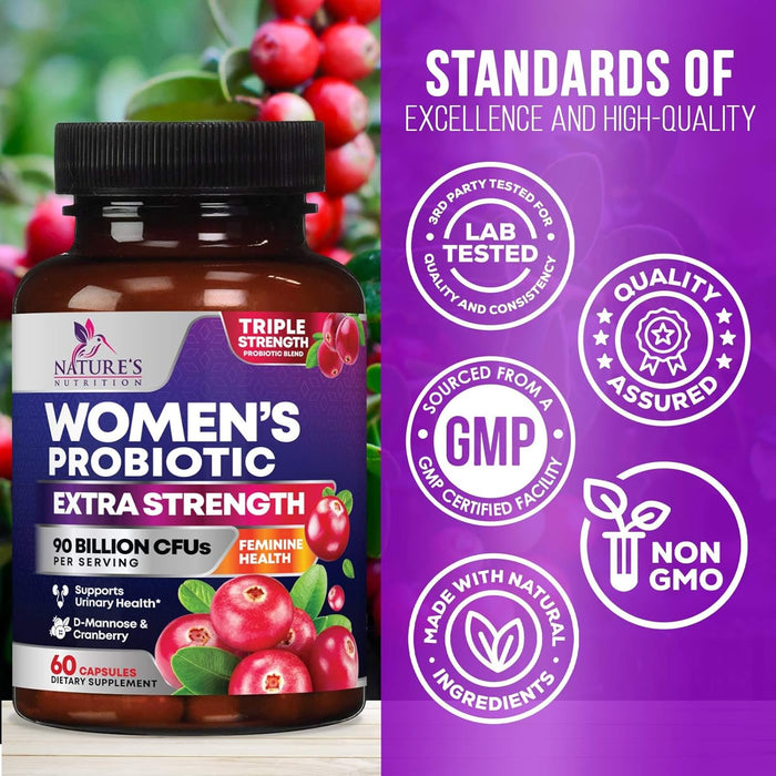 Nature's Nutrition Formulated Probiotics for Women with Prebiotics - Womens Probiotic for Digestive, Vaginal, Urinary Support, 90 Billion CFU & 16 Diverse Strains, Cranberry & D-Mannose