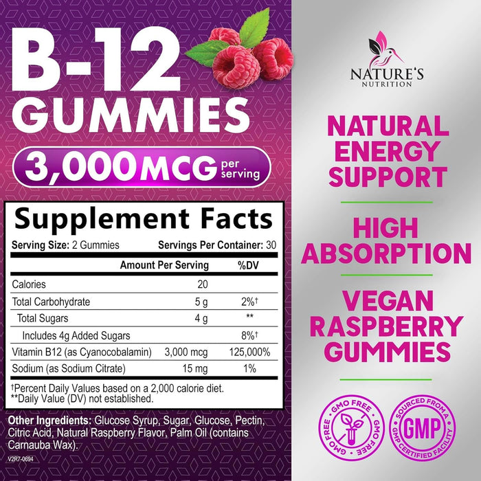 Vitamin B12 Gummies 3000 mcg, Extra Strength B 12 Gummy for Adults and Kids, B-12 Energy & Immune System Support Vitamins, Dietary Supplement, Raspberry Flavored