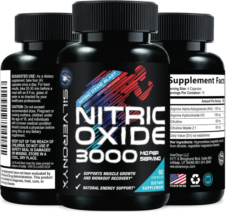 Extra Strength Nitric Oxide Supplement 3X Strength L Arginine, Citrulline Malate, AAKG, Beta Alanine - Premium Muscle Supporting Nitric Booster - Natural Energy & Heart Health Support - 60 Capsules