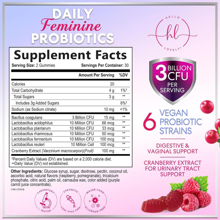 Hello Lovely! Probiotics for Women - Multi Strain Womens Probiotic Gummy w/Cranberry for Vaginal, Digestive, pH & Immune Health Support, 3 Billion CFU Prebiotic & Probiotic Supplement