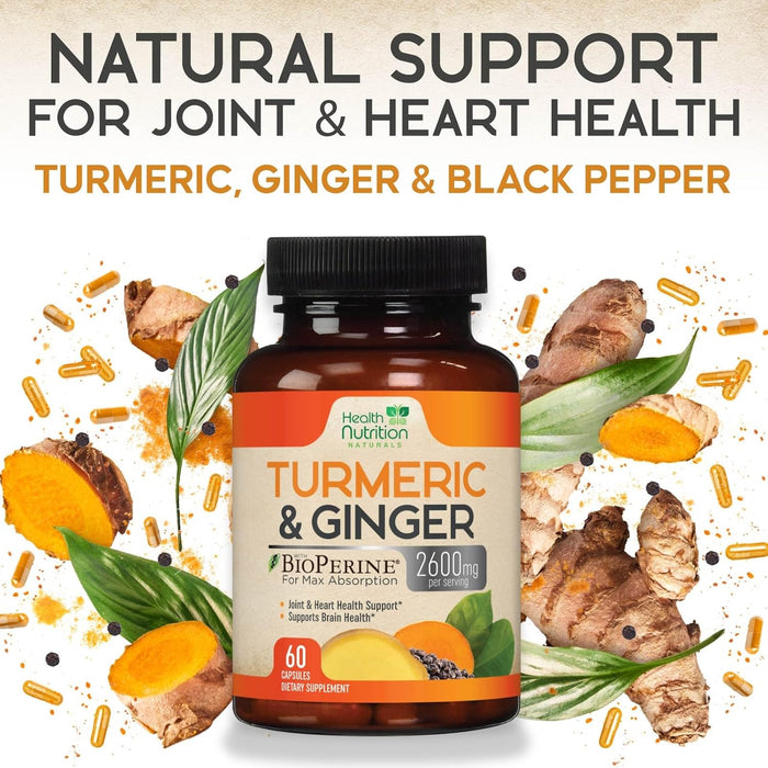 Health Nutrition Turmeric Curcumin 2600mg with Ginger & Black Pepper - 95% Standardized Curcuminoids, BioPerine for Max Absorption, Herbal Supplement for Joint Support, Tumeric Extract