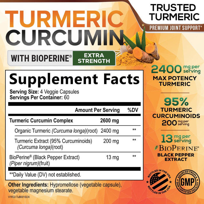 Turmeric Curcumin with BioPerine 95% Curcuminoids 2600mg with Black Pepper for Absorption – 240 Capsules