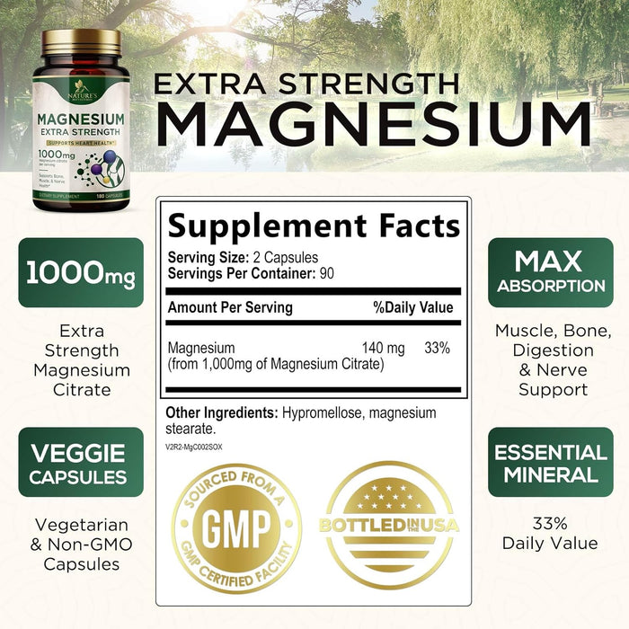 Magnesium Supplement (Citrate Oxide) 1000mg for Best Absorption, Supports Bone, Heart Health, Nerves, Muscles & Metabolism, Nature's Pure Magnesio Vitamin Pills, Bottled in USA, 180 Capsules