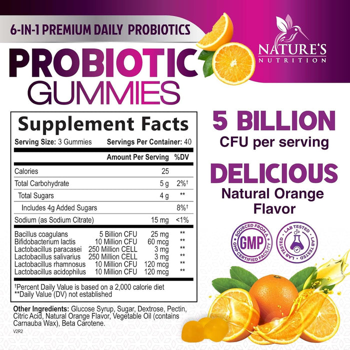 Nature's Nutrition Probiotics for Women & Men Gummy, Extra Strength 5 Billion CFU, Lactobacillus Acidophilus Daily Probiotic Supplement, Supports Immune & Digestive Health, Orange Flavor