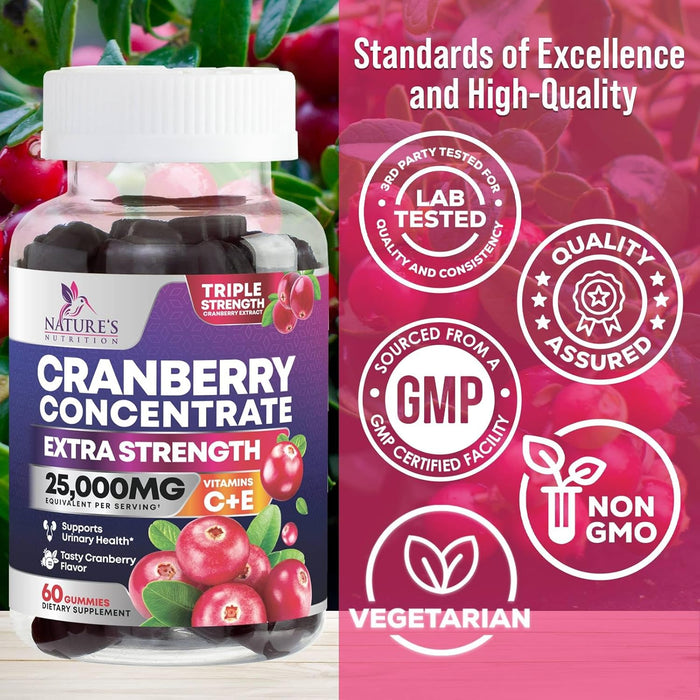 Nature's Nutrition Cranberry Urinary Tract Health Gummies + Vitamin C - 25,000mg - Triple Strength Cranberry Concentrate Extract Supplement Pills, Ultimate Potency, Non-GMO, Gluten Free