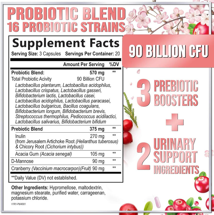 Probiotics for Women with Prebiotics - Womens Probiotic for Digestive, Vaginal, Urinary & Immune Health Support, 90 Billion CFU & 16 Diverse Strains, Cranberry & D-Mannose, Non-GMO