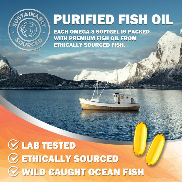 Omega 3 Fish Oil 2400 mg - Triple Strength EPA & DHA Fatty Acids for Heart, Brain & Joint Support Wild-Caught, Burpless, Lemon Flavor Supplement Natural, Non-GMO, Gluten-Free - 240 Softgels