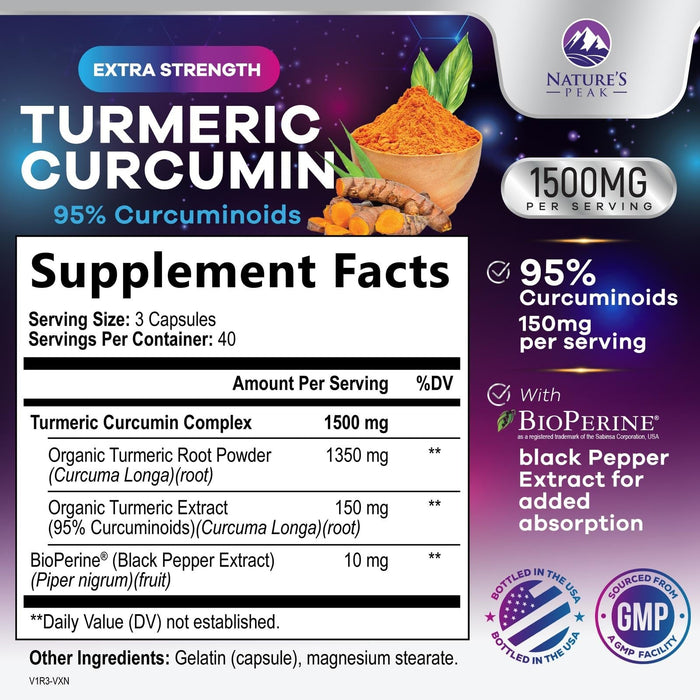 Turmeric Curcumin with BioPerine 95% Curcuminoids 1500mg with Black Pepper for Absorption – 120 Capsules