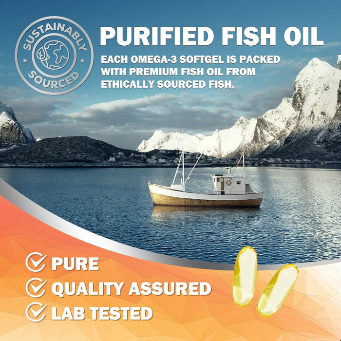 Omega 3 Fish Oil 2400 mg – Triple Strength EPA & DHA Fatty Acids for Heart, Brain & Joint Support – Wild-Caught, Burpless, Lemon Flavor Supplement – Natural, Non-GMO, Gluten-Free – 60 Softgels