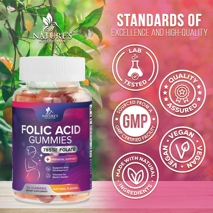 Folic Acid Gummies for Women 785 mcg, Essential Prenatal Vitamins for Mom & Baby, Vegan Folic Supplement Gummy, Daily Vitamin B9 Extra Strength Folate, Before During After Pregnancy - 60 Gummies