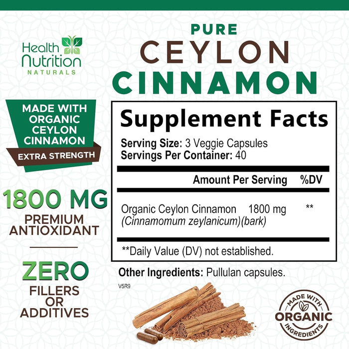 Pure Ceylon Cinnamon Capsules - Certified Organic Cinnamon Pills, Non-GMO, Dairy & Gluten Free, Sri Lanka Cinnamon Supplements, Vegan True Cinnamomum Vitamins, Sugar Free, Cinnamon Capsules