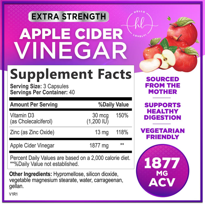 Apple Cider Vinegar Capsules - ACV Supplements with Vitamin D3 & Zinc for Detox & Cleanse, Gluten Free & Non-GMO, Vegetarian ACV Pills for Digestion, Energy & Immune Support