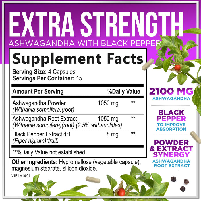 Ashwagandha 2,100 mg Extra Strength - Pure Ashwagandha Powder Antioxidant Support with Black Pepper plus Root Extract Vegan Adaptogen Formula Supplements for Energy and Immune Support