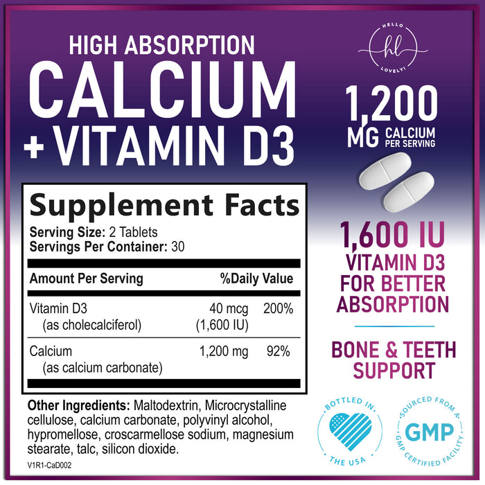 Calcium Supplement 1200 mg Plus Vitamin D3, Bone Health, Teeth & Immune Support - Calcium with Extra Strength Vitamin D Absorbable Calcium Carbonate Dietary Supplement - Vegetarian