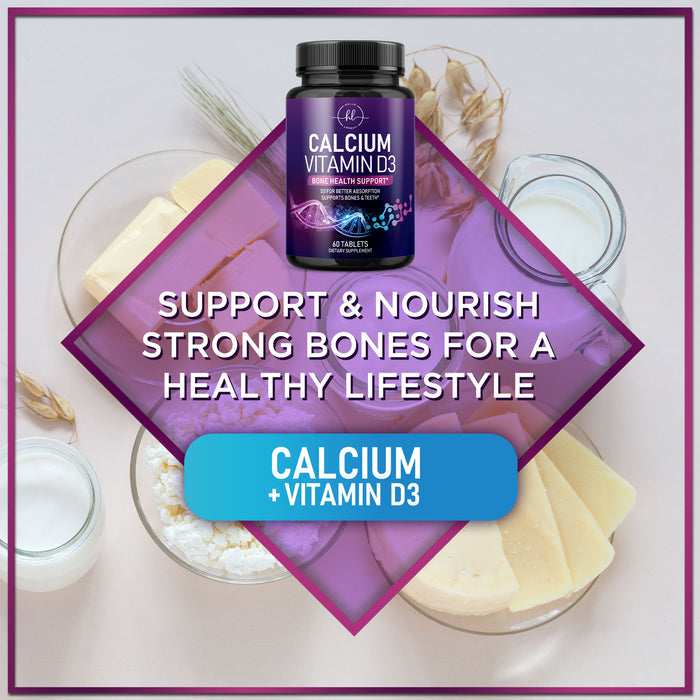 Calcium Supplement 1200 mg Plus Vitamin D3, Bone Health, Teeth & Immune Support - Calcium with Extra Strength Vitamin D Absorbable Calcium Carbonate Dietary Supplement - Vegetarian