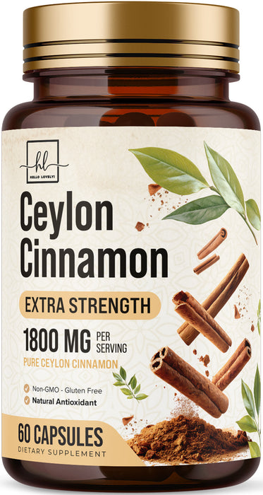 Ceylon Cinnamon Capsules Supplement 1800mg - Certified Organic Ceylon Cinnamon Powder Pills - Energy & Heart Support for Women & Men, Bottled in USA, Antioxidant, Gluten Free, Non-GMO - 60 Capsules