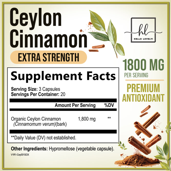 Ceylon Cinnamon Capsules Supplement 1800mg - Certified Organic Ceylon Cinnamon Powder Pills - Energy & Heart Support for Women & Men, Bottled in USA, Antioxidant, Gluten Free, Non-GMO - 60 Capsules