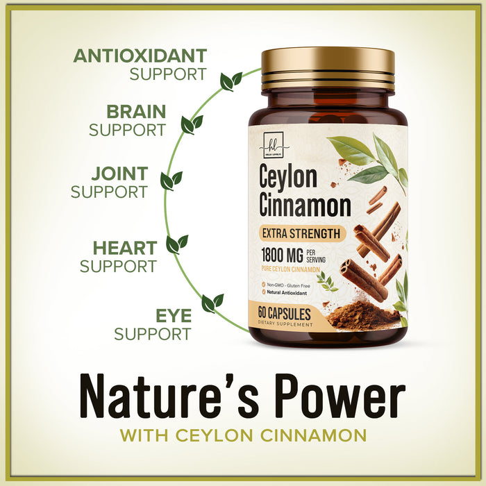 Ceylon Cinnamon Capsules Supplement 1800mg - Certified Organic Ceylon Cinnamon Powder Pills - Energy & Heart Support for Women & Men, Bottled in USA, Antioxidant, Gluten Free, Non-GMO - 60 Capsules