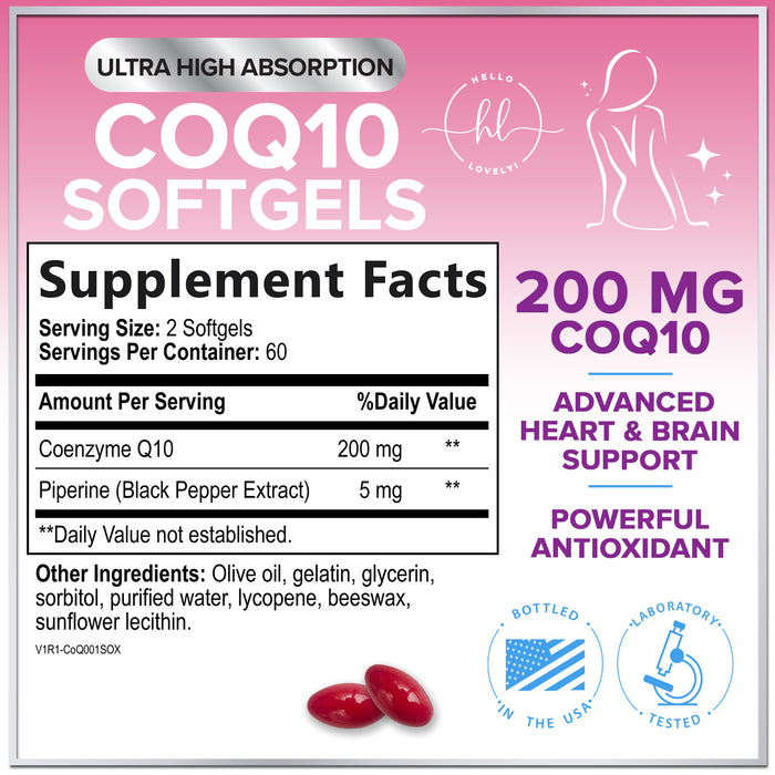 CoQ10 200mg Softgels - Ultra High Absorption, Antioxidant for Heart Health & Energy Production Support - Coenzyme Q10 (Ubiquinone) Co Q 10 Supplement and Vitamins 100mg Each - Non GMO - 120 Softgels